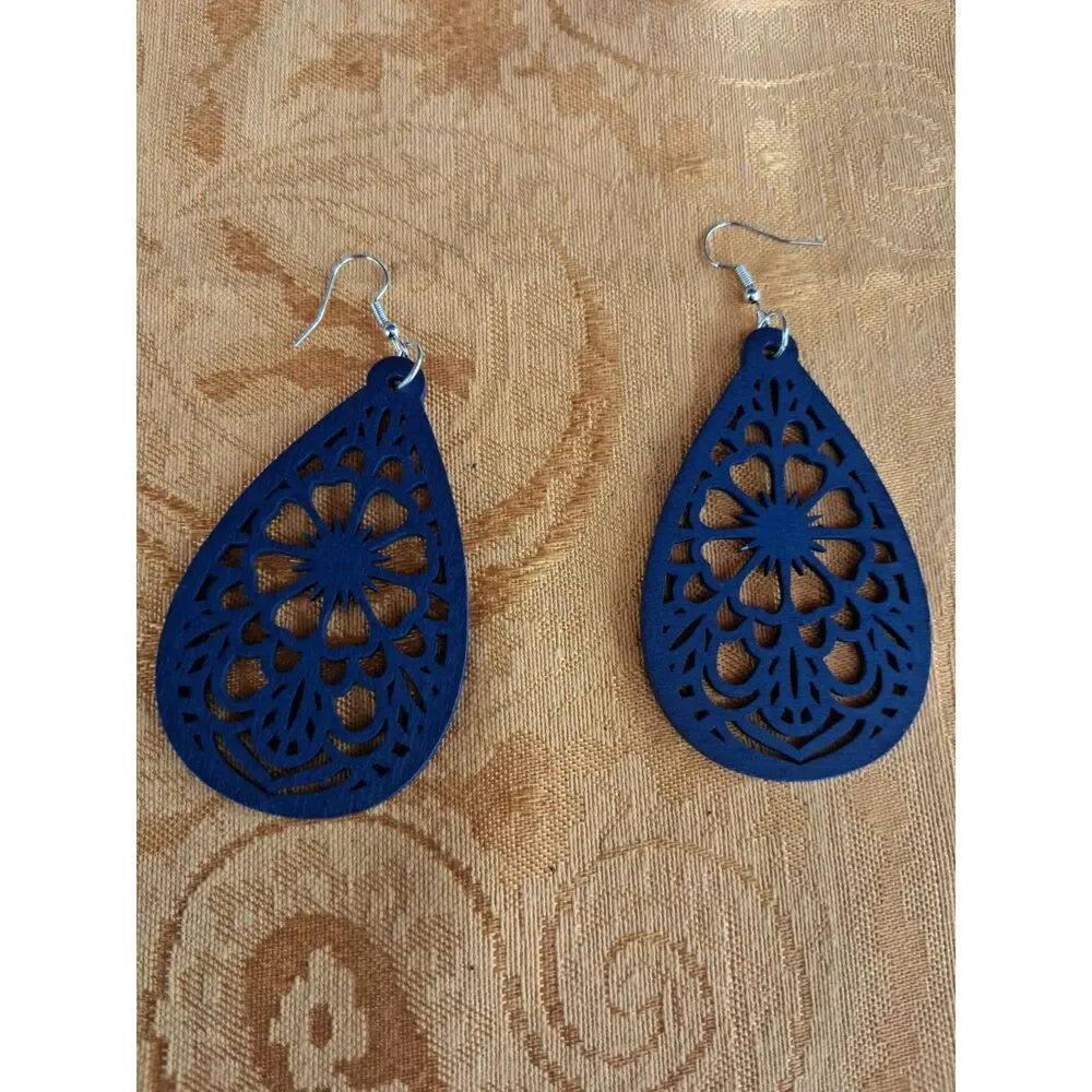 # OOAK Hand-Assembled Blue Wood Filigree Earrings Floral Teardrop Boho Statement